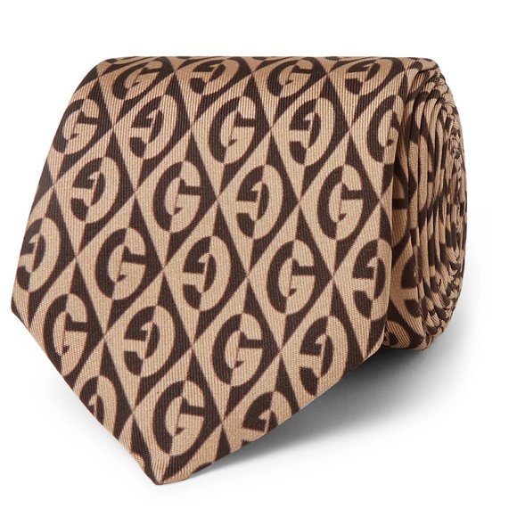 Gucci GG Rhombus Print Silk Tie In Brown - Picture 3 of 5